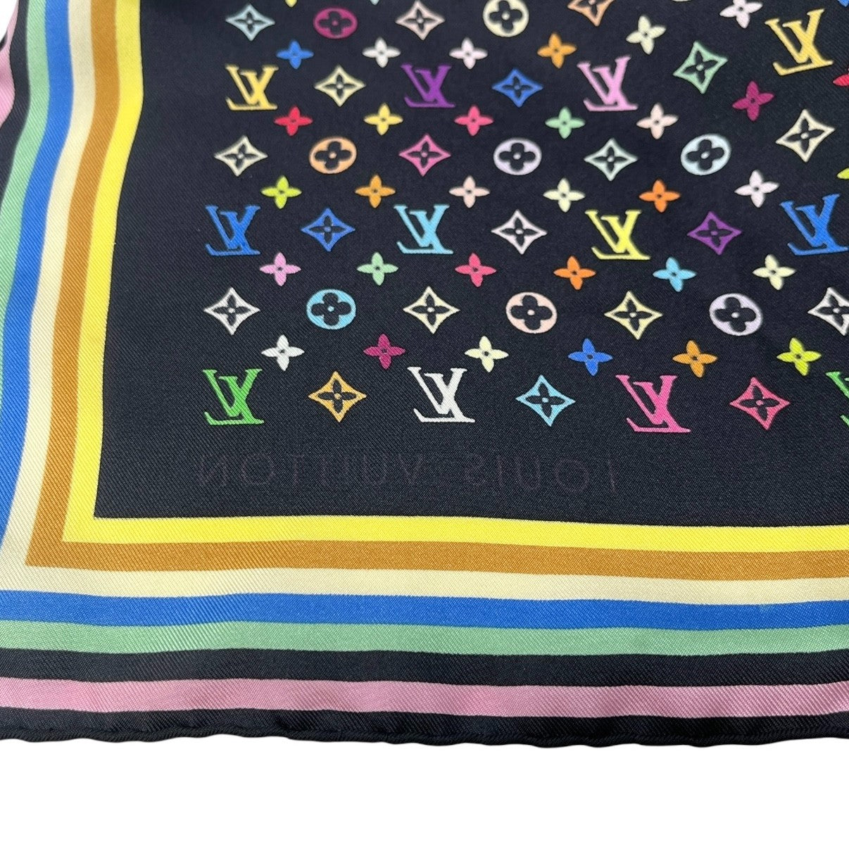 LOUIS VUITTON Vintage Monogram LV Logo Scarf Wrap Black Silk Multicolor