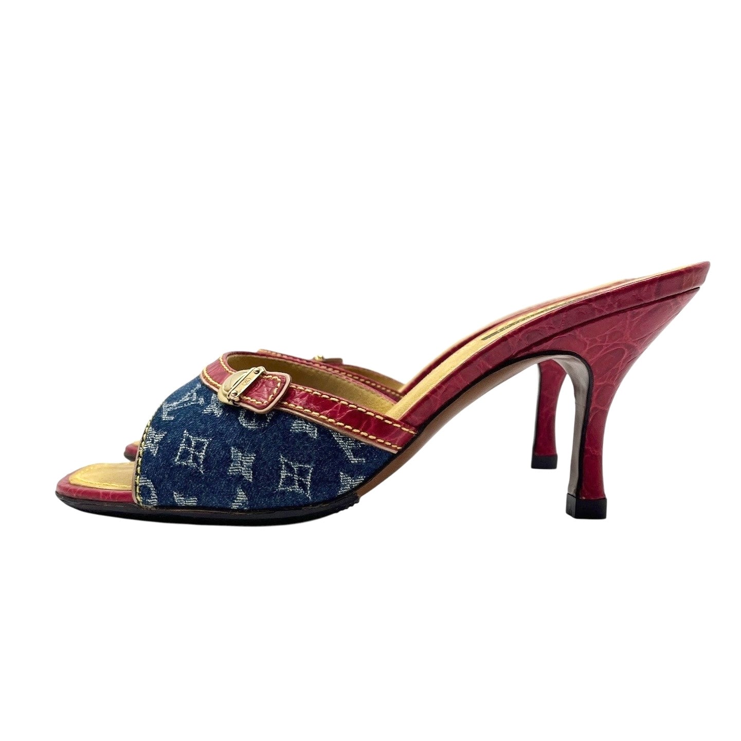LOUIS VUITTON Vintage LV Monogram Logo Denim Sandals Heels #37-37.5 Blue Red