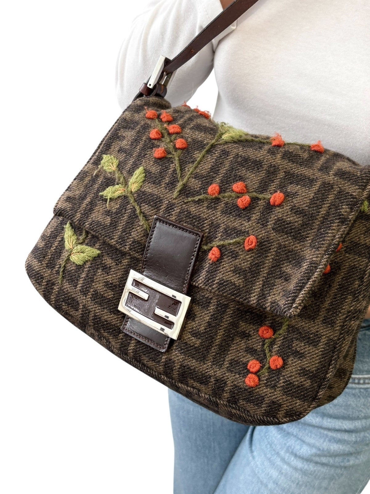 FENDI Vintage FF Mamma Baguette Wool Knit Shoulder Bag Brown Flower