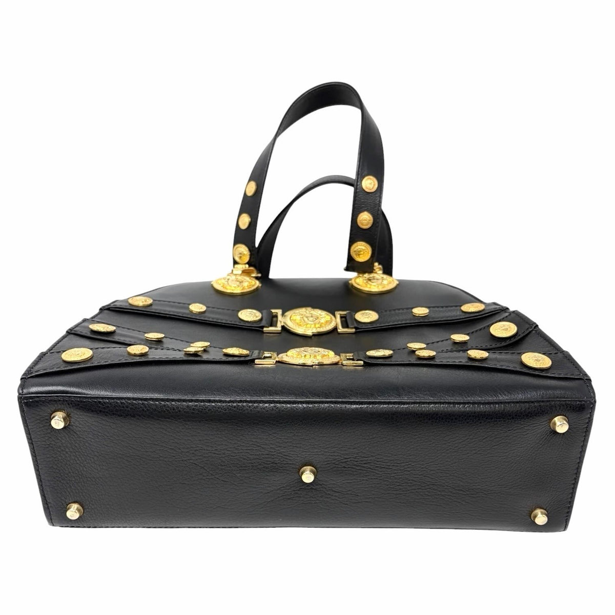 GIANNI VERSACE Vintage Medusa Logo Top Handle Bag Black Gold Leather Zip 902957