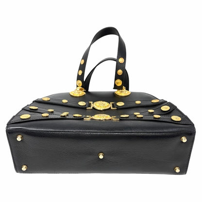 GIANNI VERSACE Vintage Medusa Logo Top Handle Bag Black Gold Leather Zip 902957