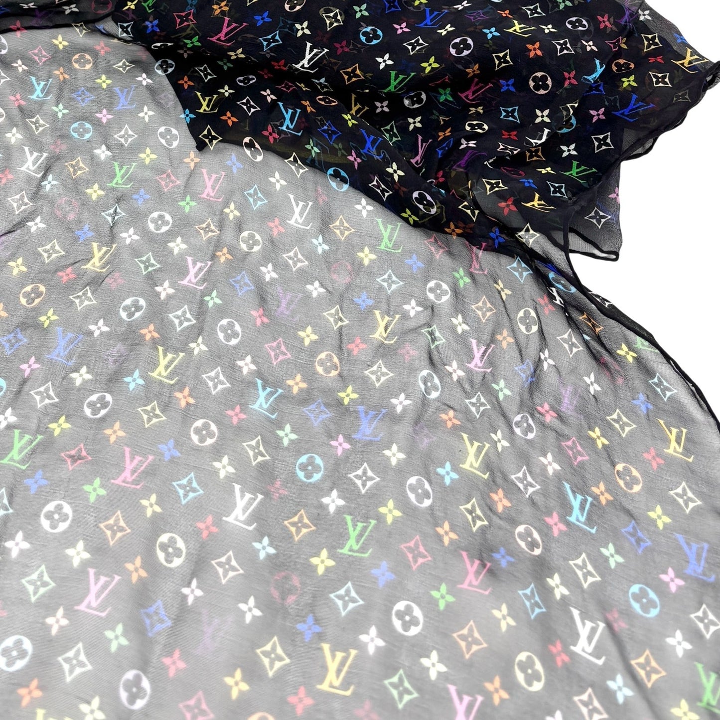 LOUIS VUITTON Vintage LV Multicolor Monogram See-through Scarf Wrap Black Silk