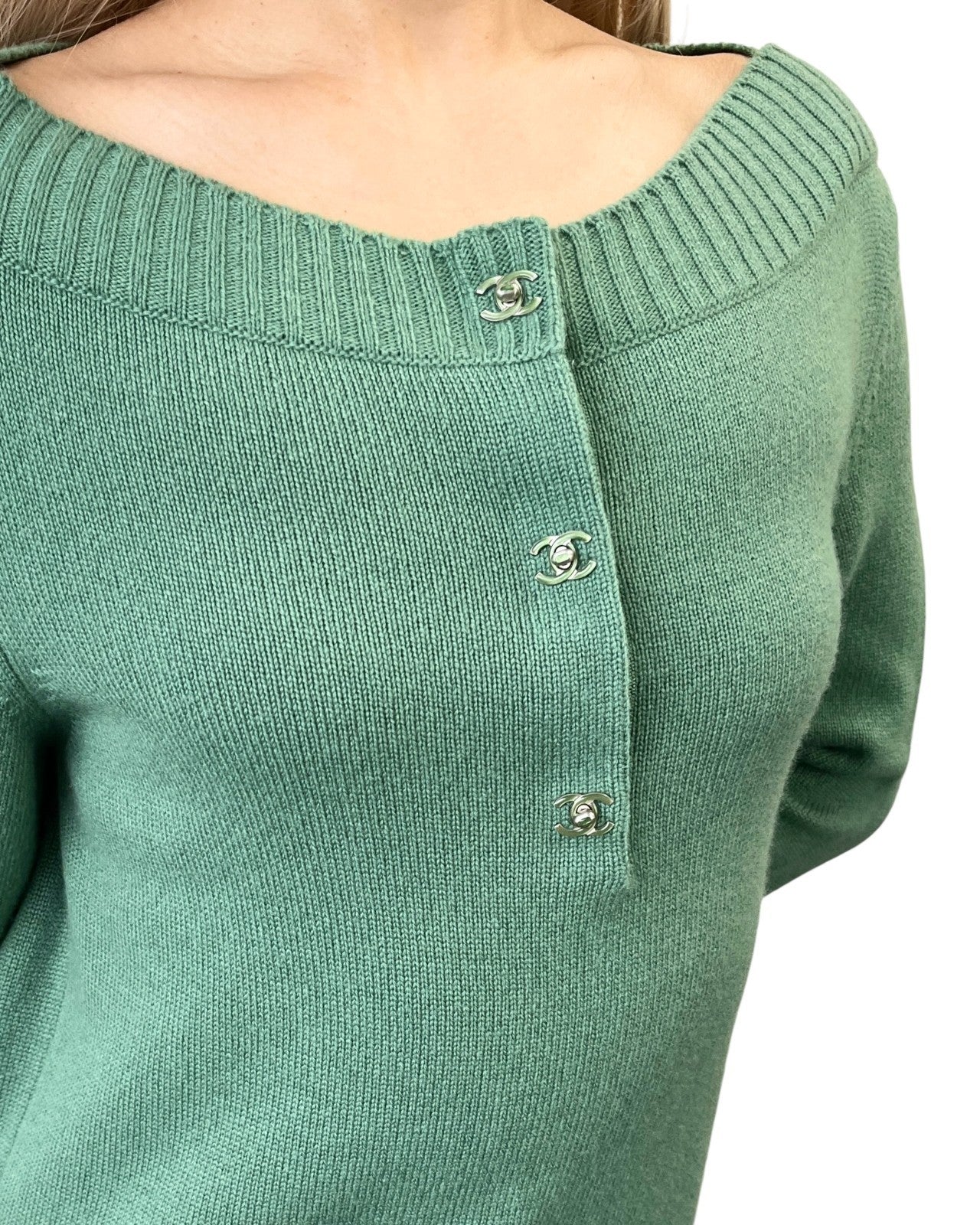 CHANEL Vintage P44445 CC Logo Turnlock Cashmere Knit Sweater Dress #38 Green