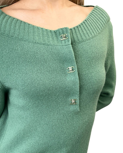 CHANEL Vintage P44445 CC Logo Turnlock Cashmere Knit Sweater Dress #38 Green