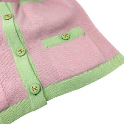 CHANEL Vintage CC Logo Cashmere Knit Long Cardigan Top Pink Green 902471