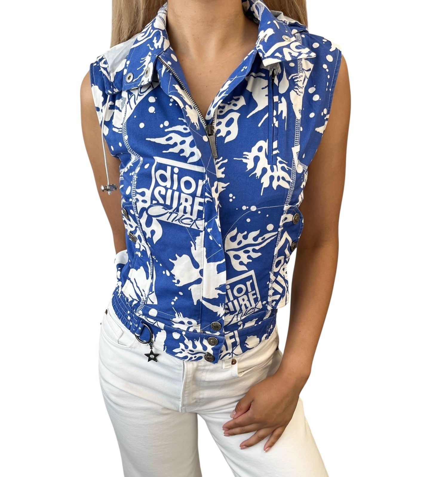 Christian Dior Vintage 2004 SURF Logo Hoodie Vest Jacket #36 Blue White Zip