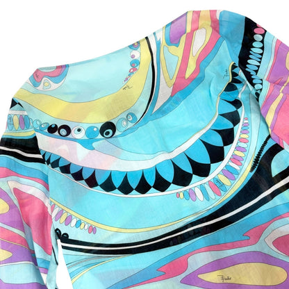 EMILIO PUCCI Vintage Logo Multicolor Abstract Print Tunic Top Blue 901935