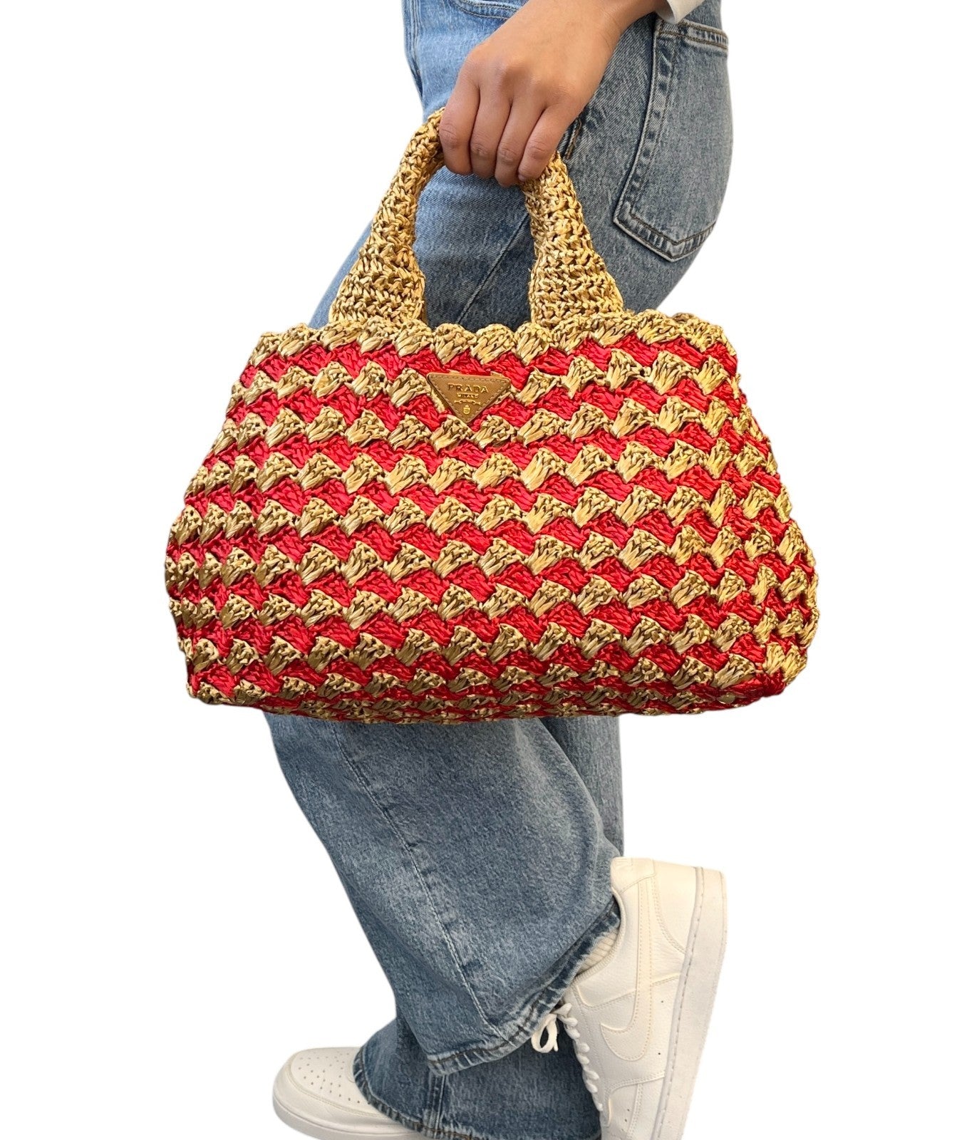 PRADA Vintage Triangle Logo Raffia Canapa Tote Bag Red Beige Gold Crochet