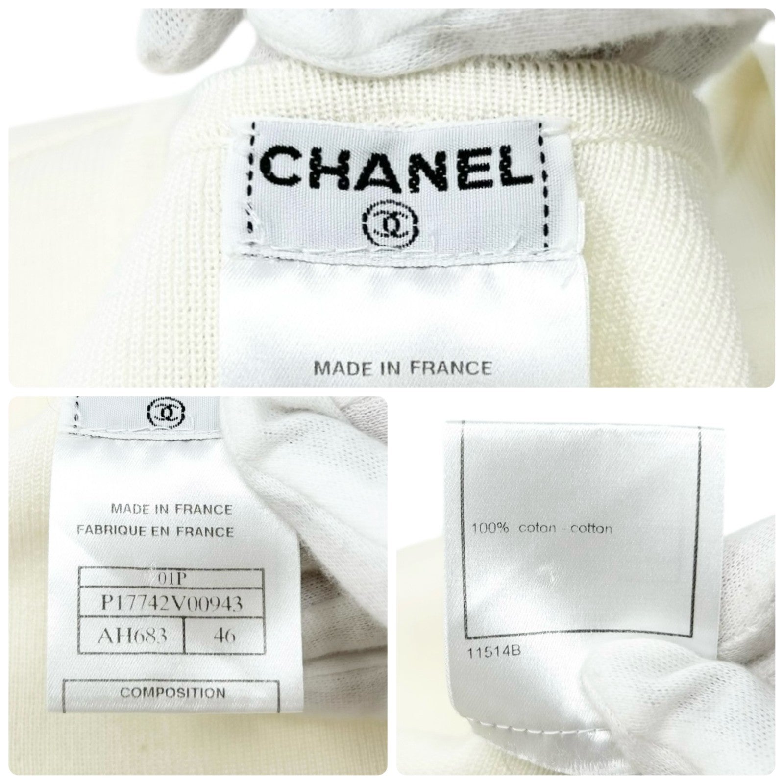 CHANEL Vintage 01P CC Logo Tank Top #46 White Cream Silver Cotton Sleeveless