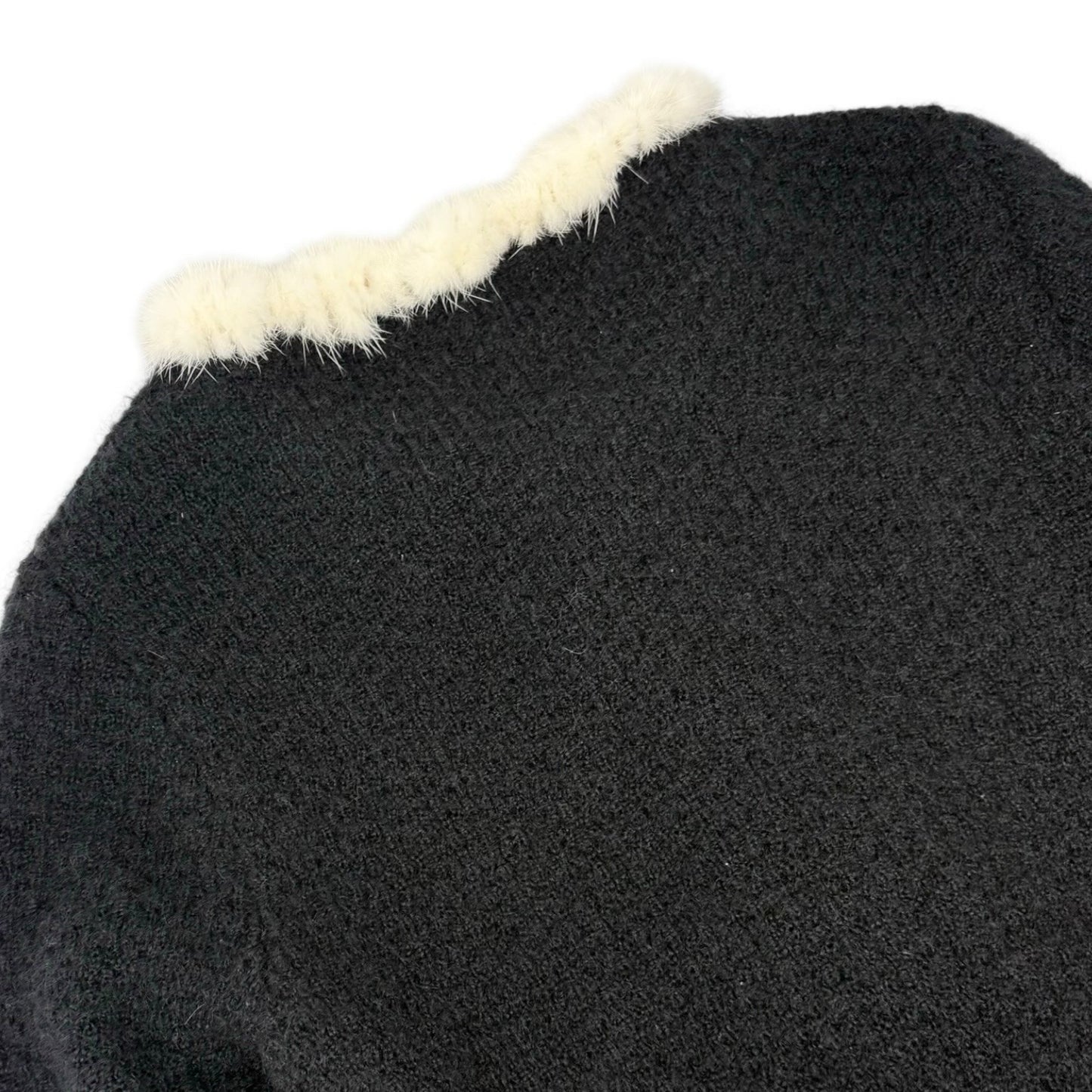 CHANEL Vintage 03A CC Logo Button Fur Trim Knit Jacket #42 Black White Mohair