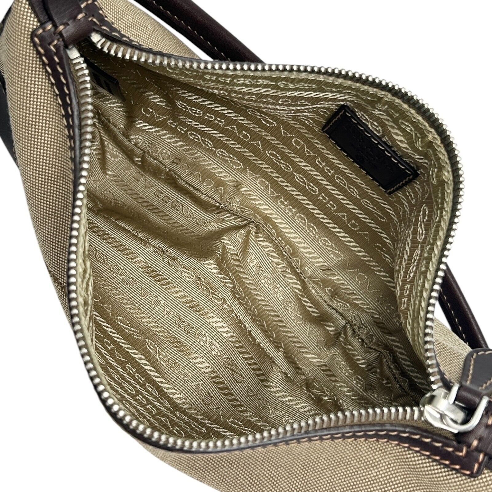 PRADA Vintage Logo Jacquard Pochette Shoulder Bag Beige Brown Cotton Zip