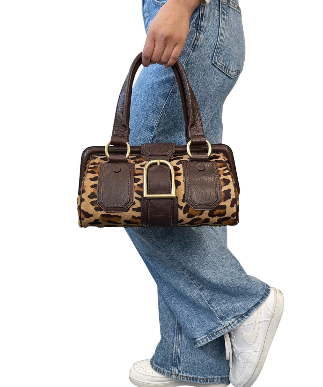 CELINE Vintage Macadam Logo Leopard Shoulder Bag Brown Beige Calf Hair Leather