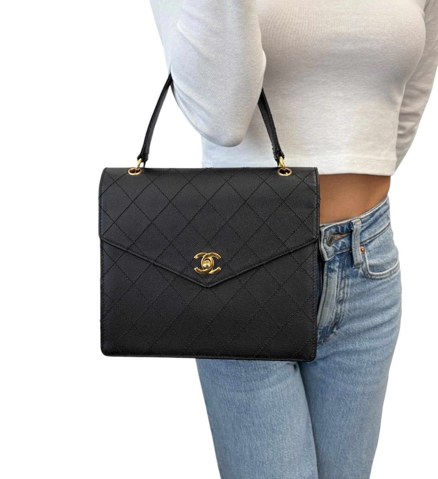 CHANEL Vintage CC Logo Turnlock Quilted Top Handle Bag Black Gold Leather