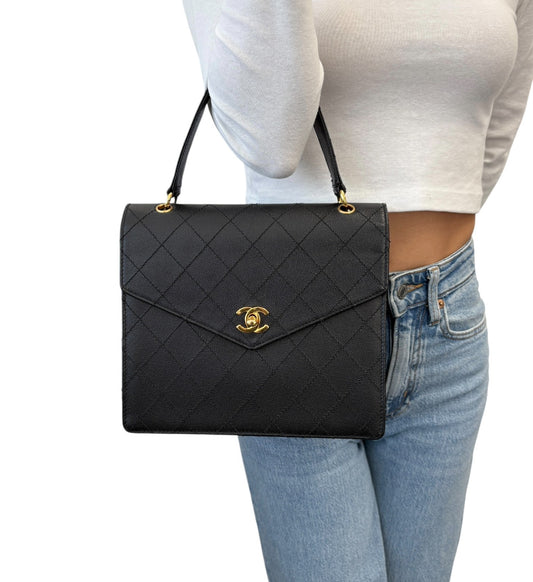 CHANEL Vintage CC Logo Turnlock Quilted Top Handle Bag Black Gold Leather