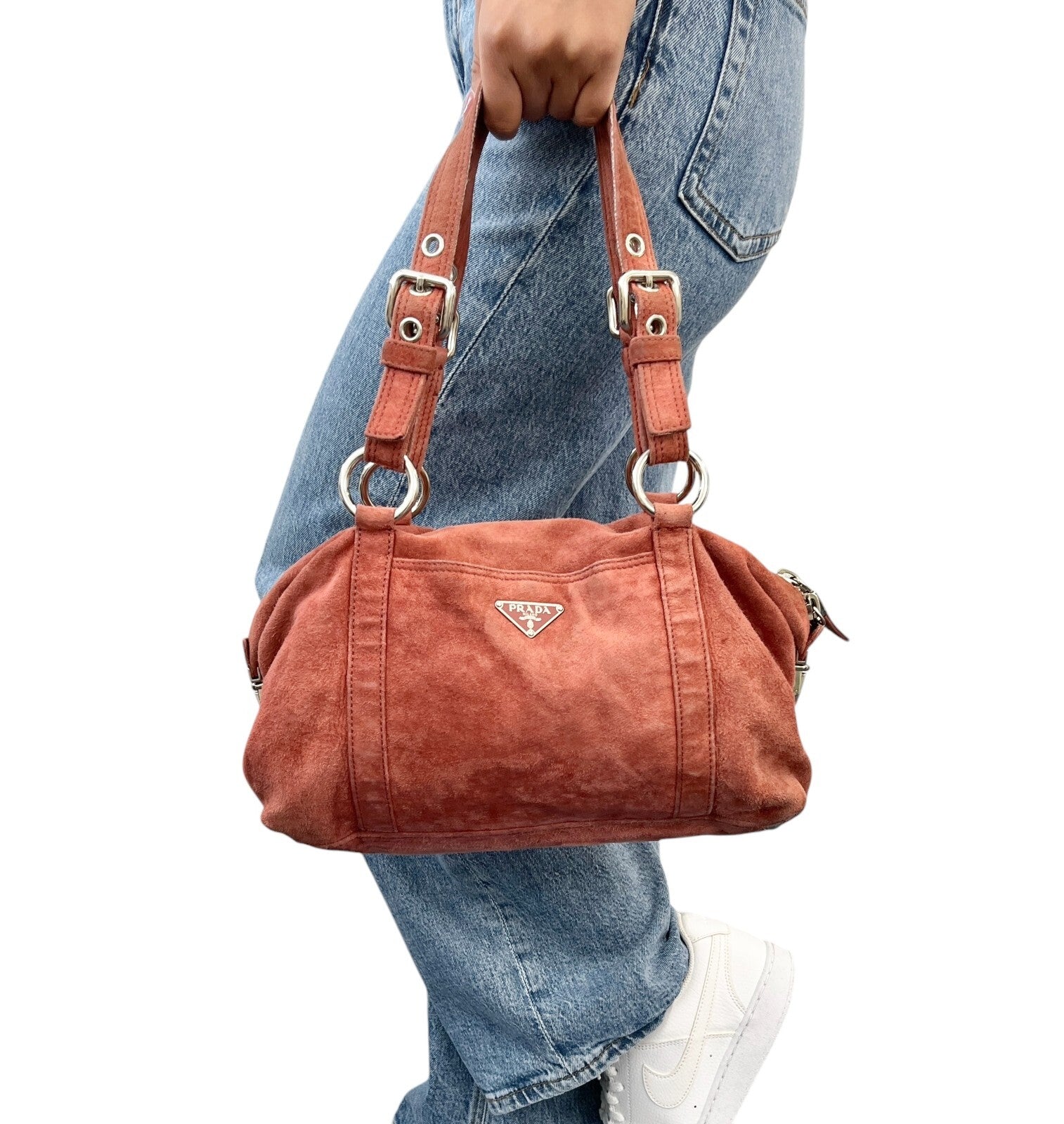 PRADA Vintage Logo Shoulder Bag Tote Red Brown Silver Handbag Suede Zip