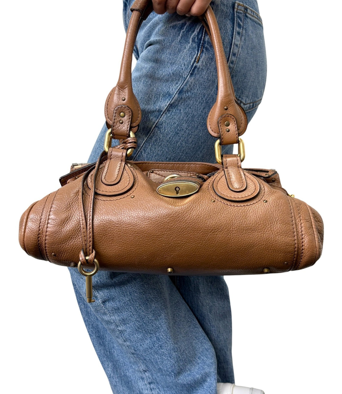 Chloe Vintage Paddington Padlock Key Boston Bag Leather Brown Gold 902319