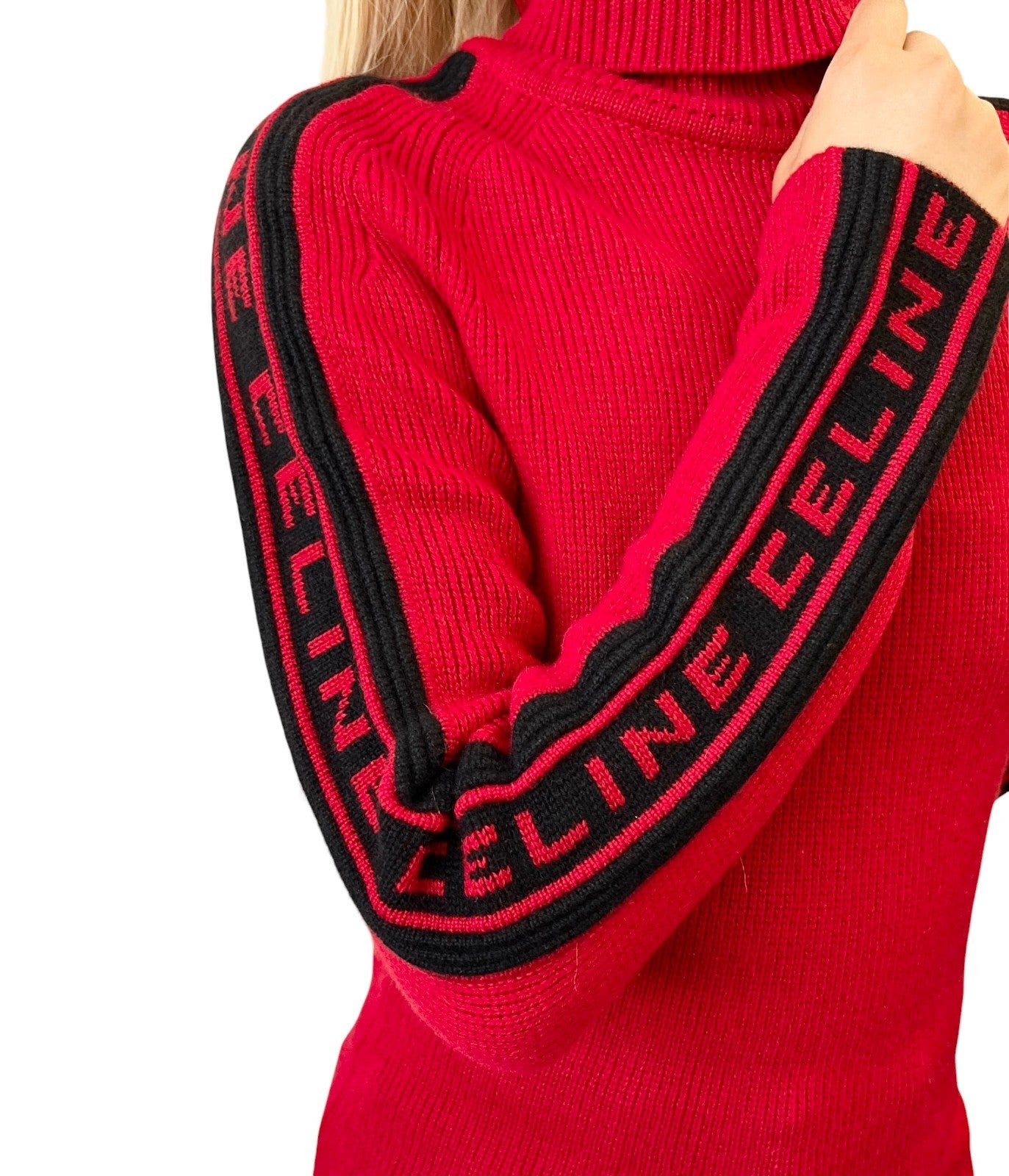 CELINE Vintage Logo Turtleneck Cashmere Knit Sweater Top #S Red 902216