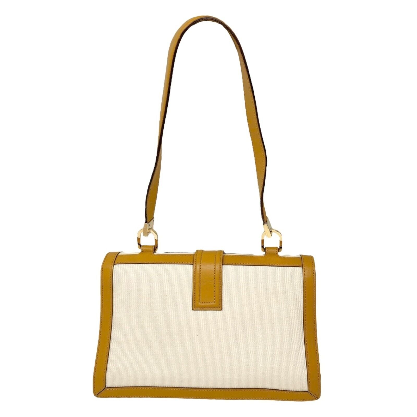 GUCCI Vintage G Square Logo Shoulder Bag Cream Camel Gold Canvas Leather