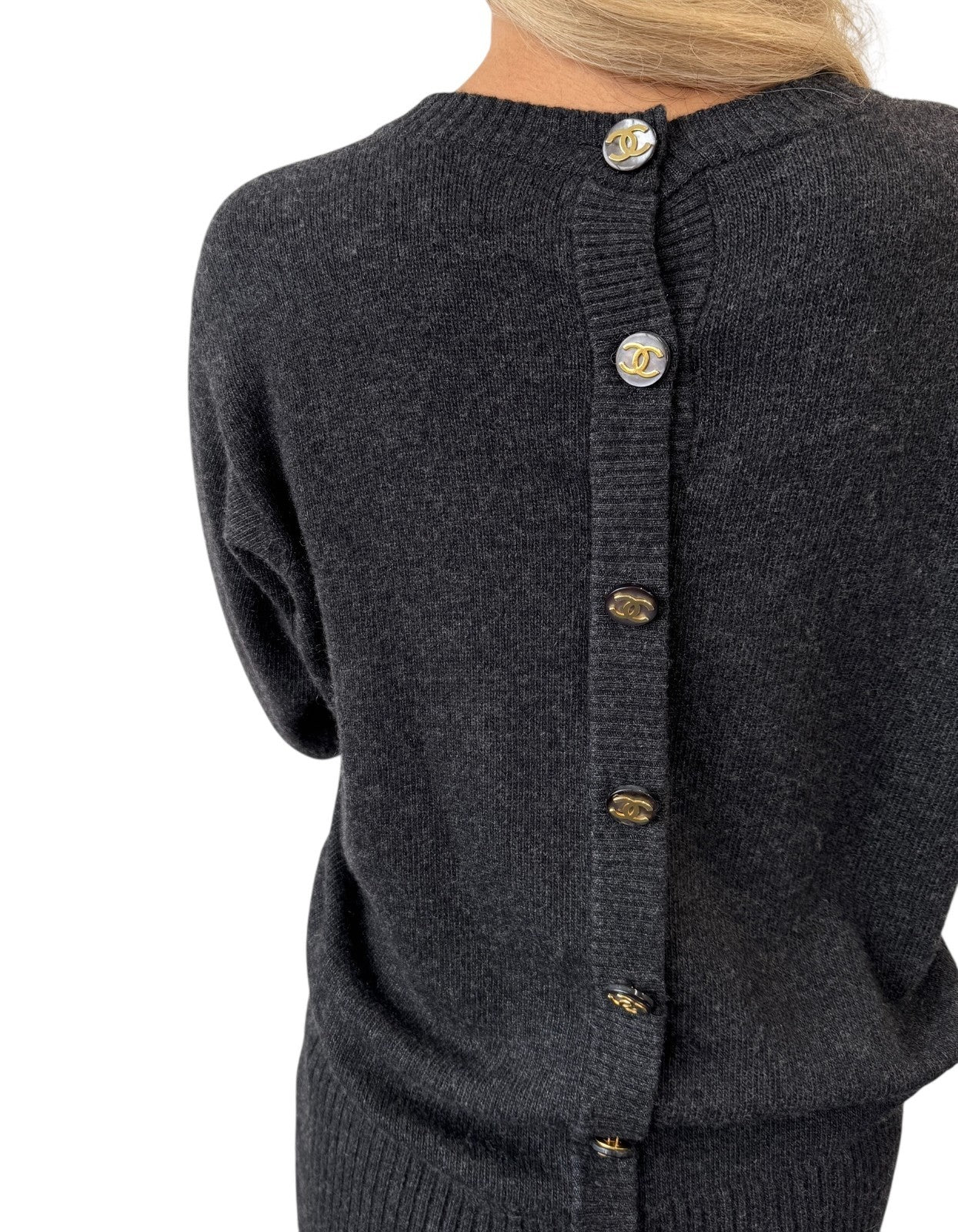 CHANEL Vintage CC Mark Logo Button Cashmere Knit Sweater Top Dark Gray Gold