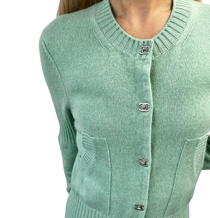 CHANEL Vintage P52425 CC Turnlock Logo Knit Cardigan Dress #38 Cashmere Green