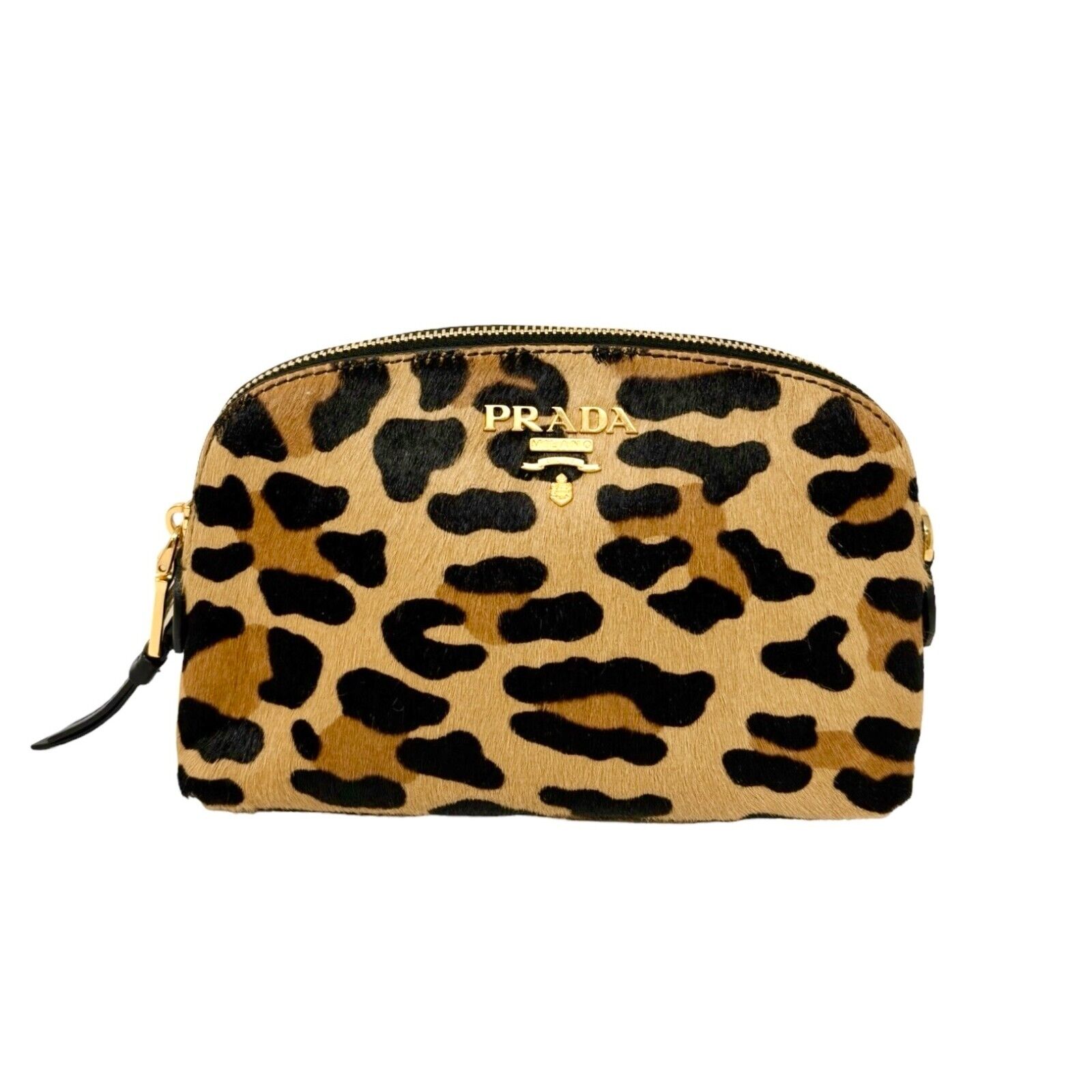 PRADA Vintage Logo Leopard Pouch Mini Purse Brown Gold Calf Hair Rank AB