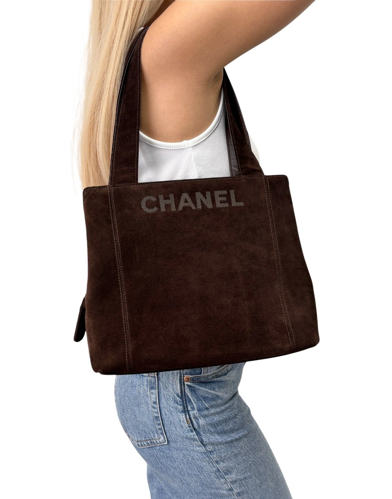 CHANEL Vintage Stitch CC Logo Suede Tote Shoulder Bag Brown Zip 902303