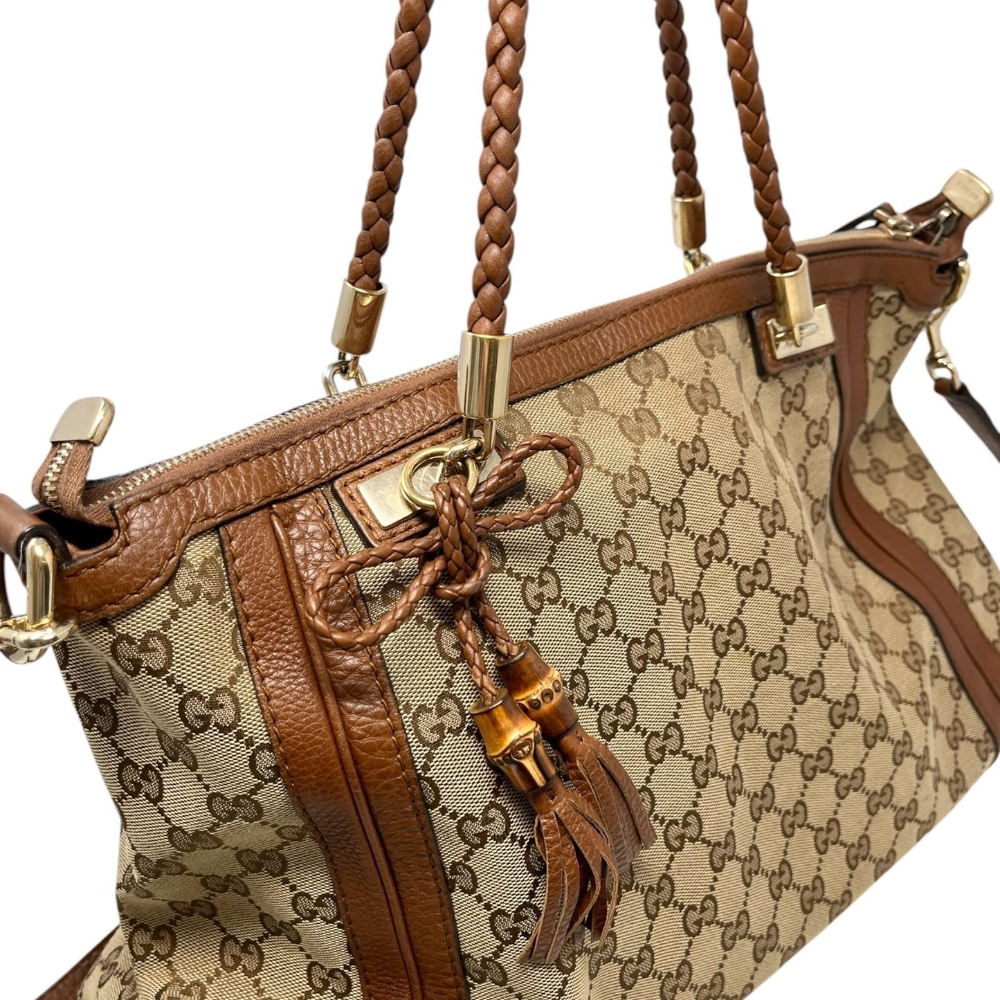 GUCCI Vintage GG Logo Monogram Fringe Shoulder Bag Brown Canvas Leather 902205