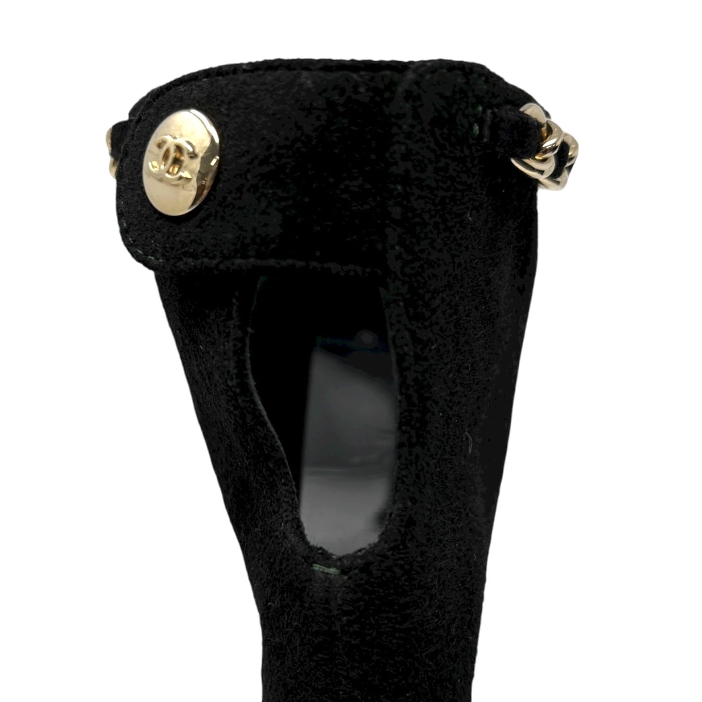 CHANEL Vintage CC Logo Charm Button Ankle Suede Boots Heels #39 Black Gold