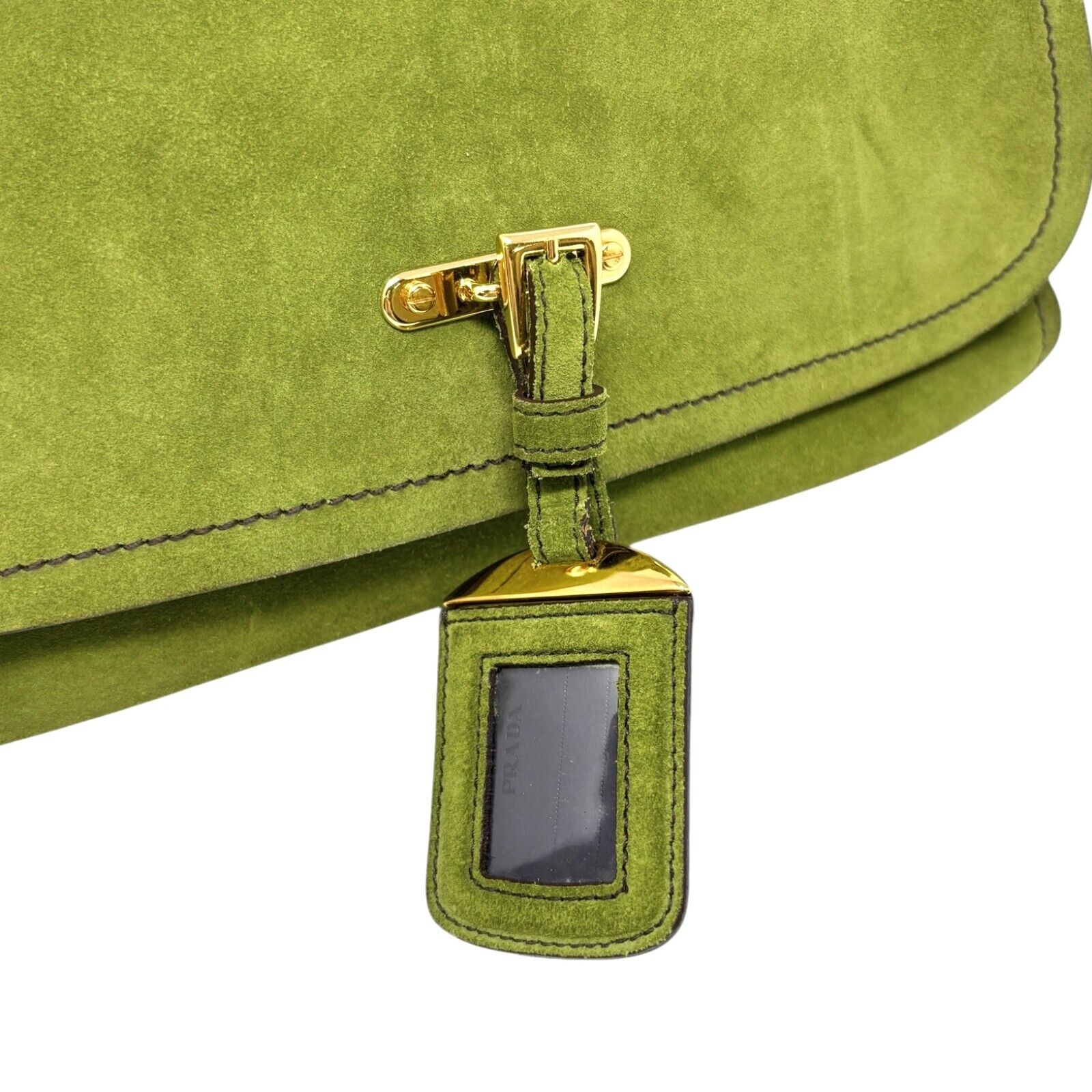 PRADA Vintage Logo Shoulder Bag Tote Handbag Suede Green Gold Luggage Tag