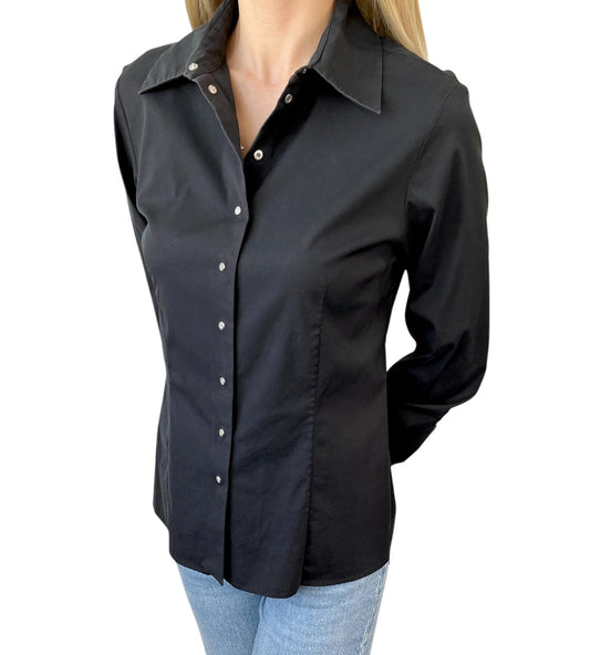 CELINE Vintage Macadam Logo Black Shirt #38 Blouse Top Black Silver Cotton