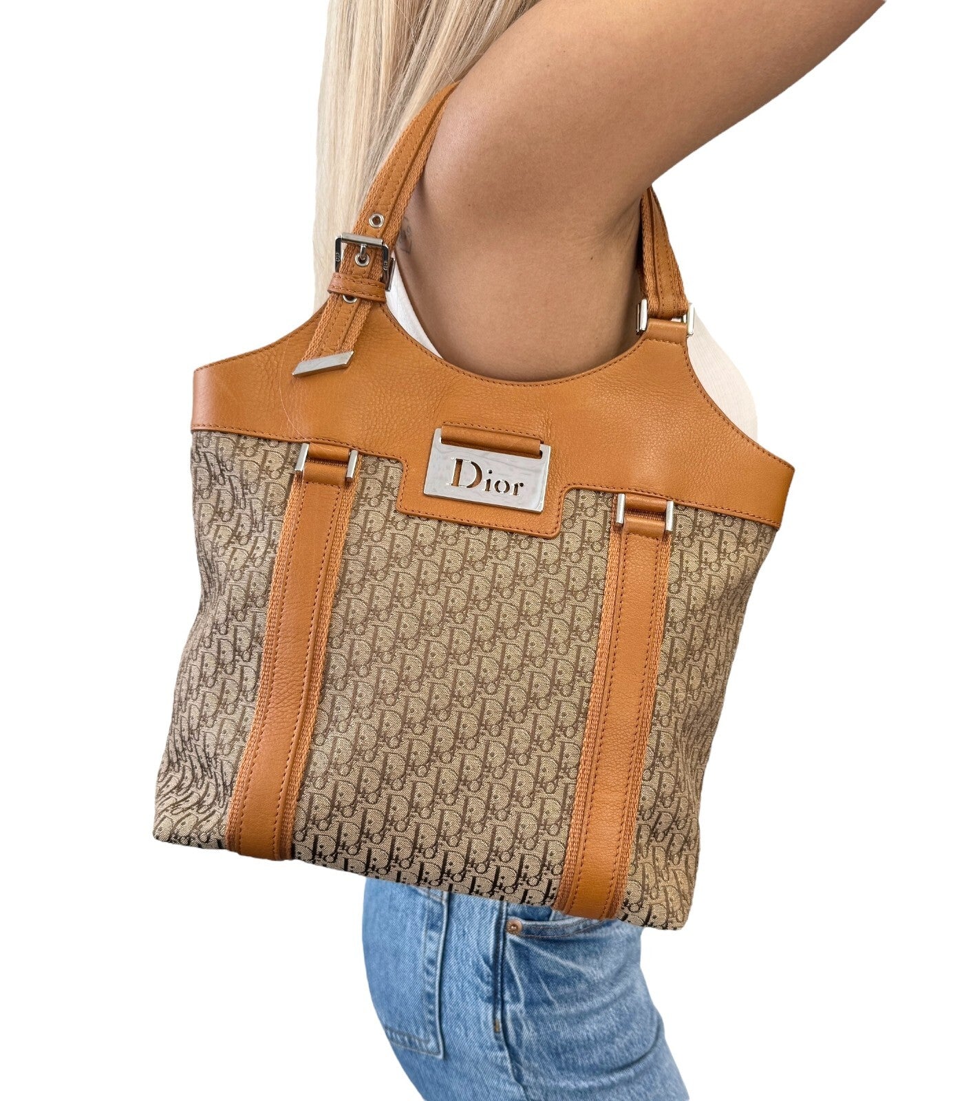 Christian Dior Vintage Trotter Monogram Street Chic Shoulder Bag Beige Canvas