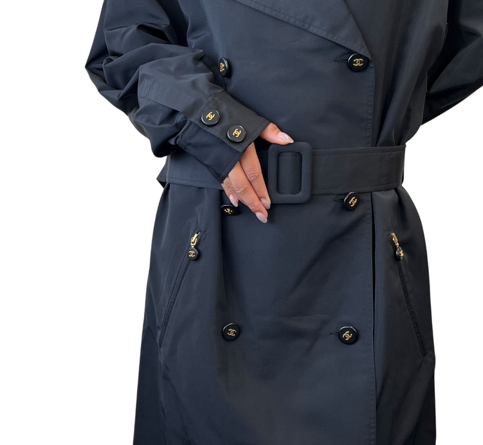 CHANEL Vintage CC Mark Logo Trench Coat Button Pocket Black Gold Silk