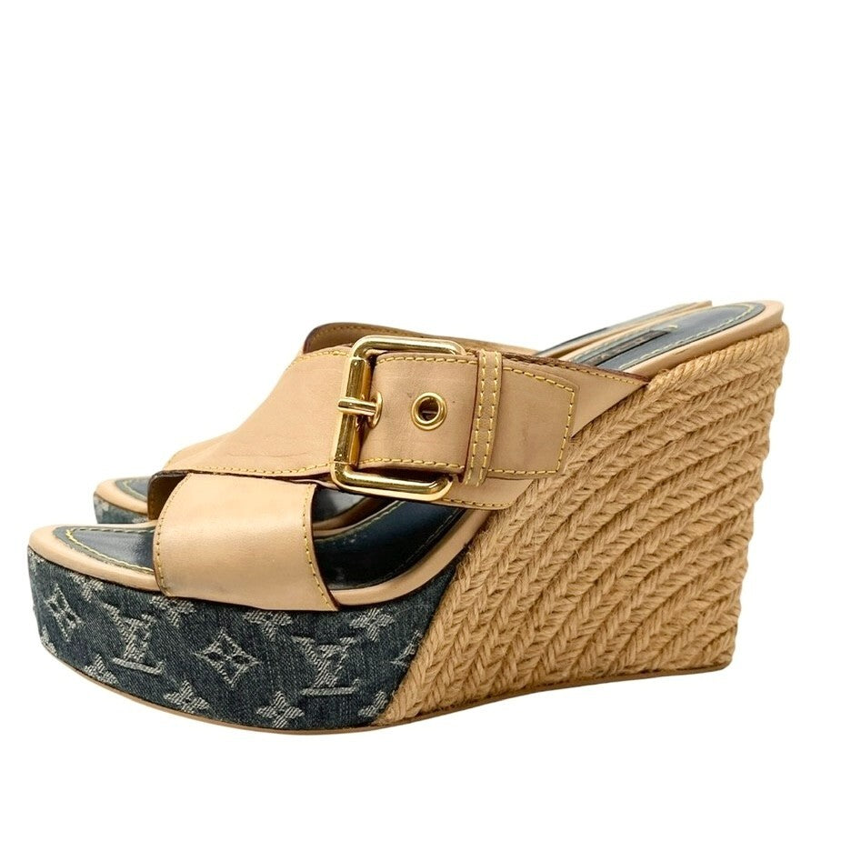 LOUIS VUITTON Vintage LV Logo Monogram Sandals #36-36.5 Beige Blue Leather Belt