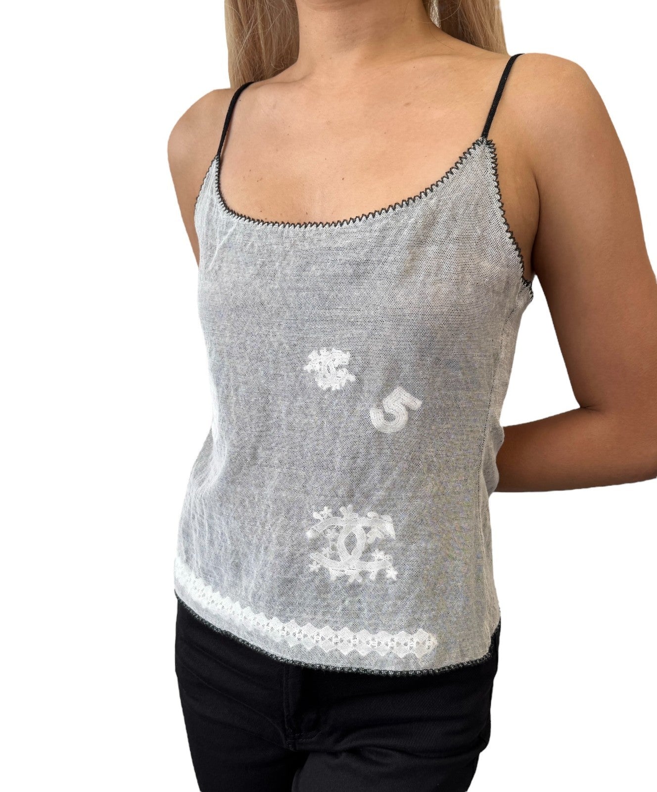 CHANEL Vintage 04P CC Logo No.5 Overlay Mesh Camisole Top #40 Gray Cotton Lace