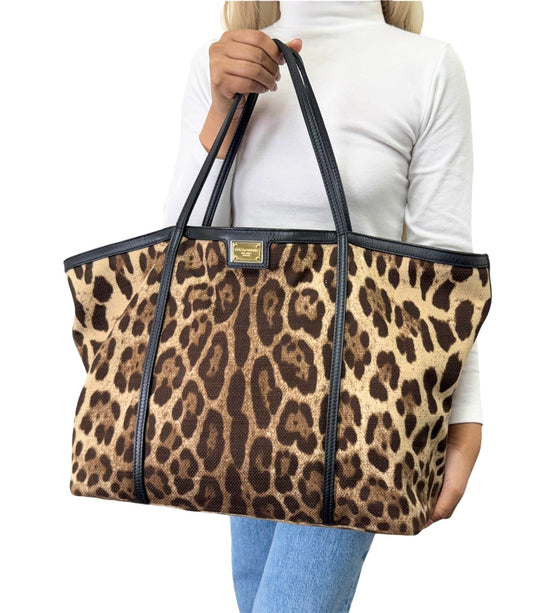 DOLCE&GABBANA Vintage Logo Leopard Large Tote Bag Brown Beige Canvas 902912