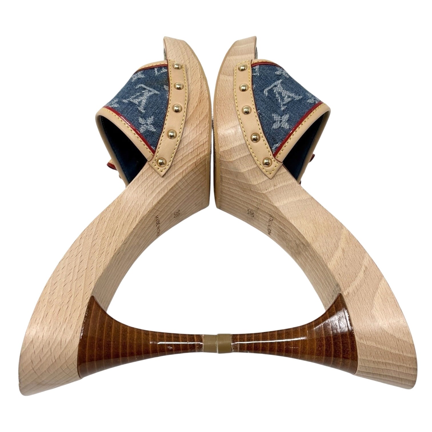 LOUIS VUITTON Vintage Monogram Denim Heels Sandals #36 Blue Beige Ribon