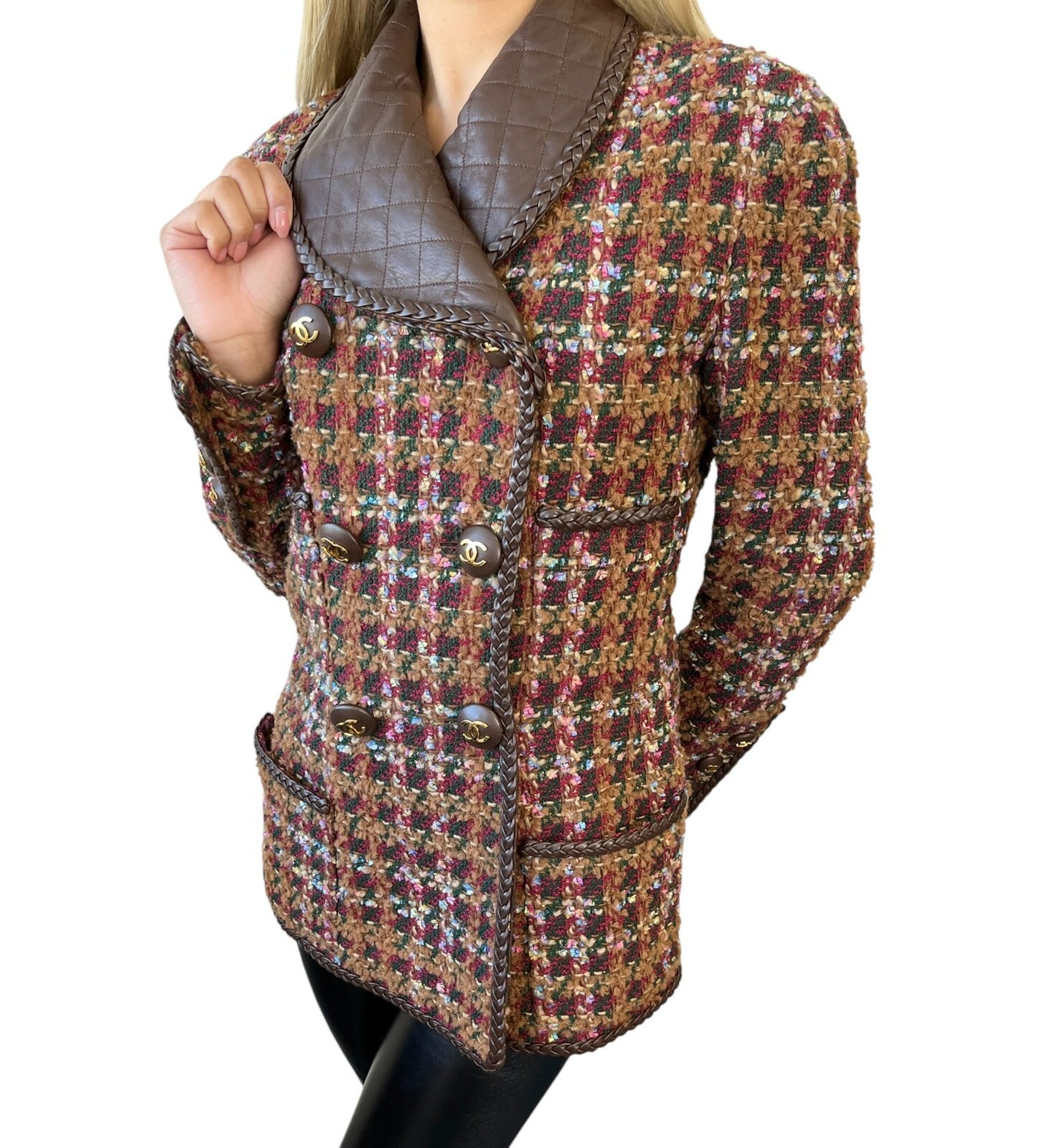 CHANEL Vintage 92A CC Logo Tweed Jacket #38 Multicolor Button Wool Leather