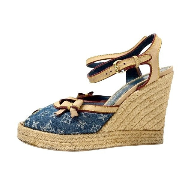 LOUIS VUITTON Vintage Logo Monogram Sandals Heels #36.5 Blue Beige Denim
