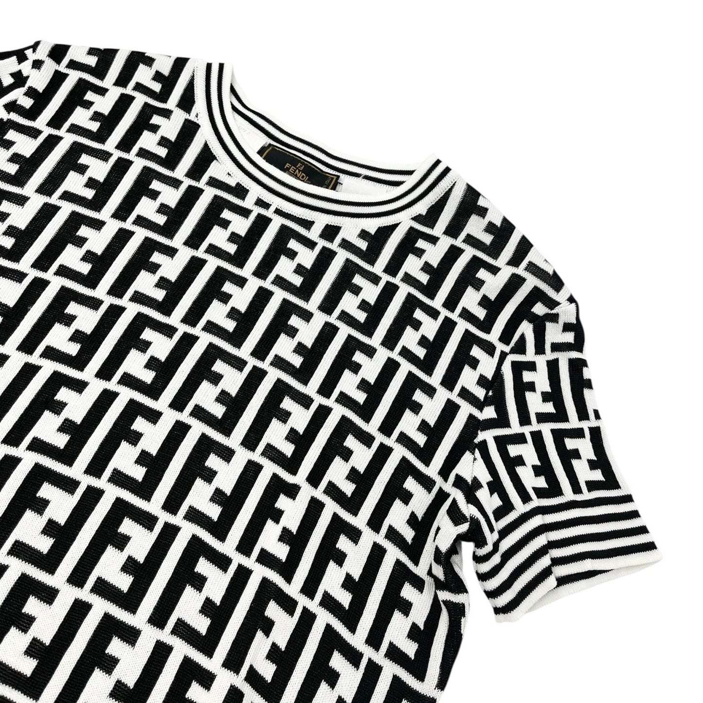 FENDI Vintage Zucca Knit Top T-shirt #40 White Black Monogram Short Sleeve