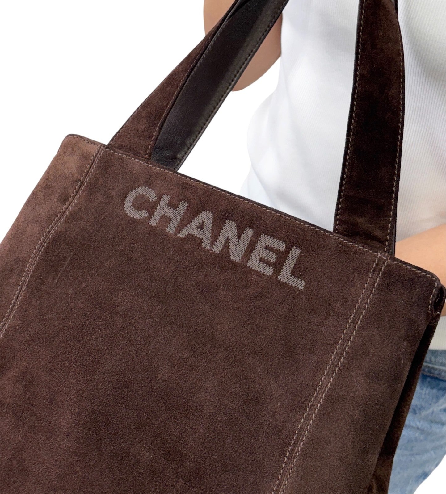 CHANEL Vintage Stitch CC Logo Suede Tote Shoulder Bag Brown Zip 902303