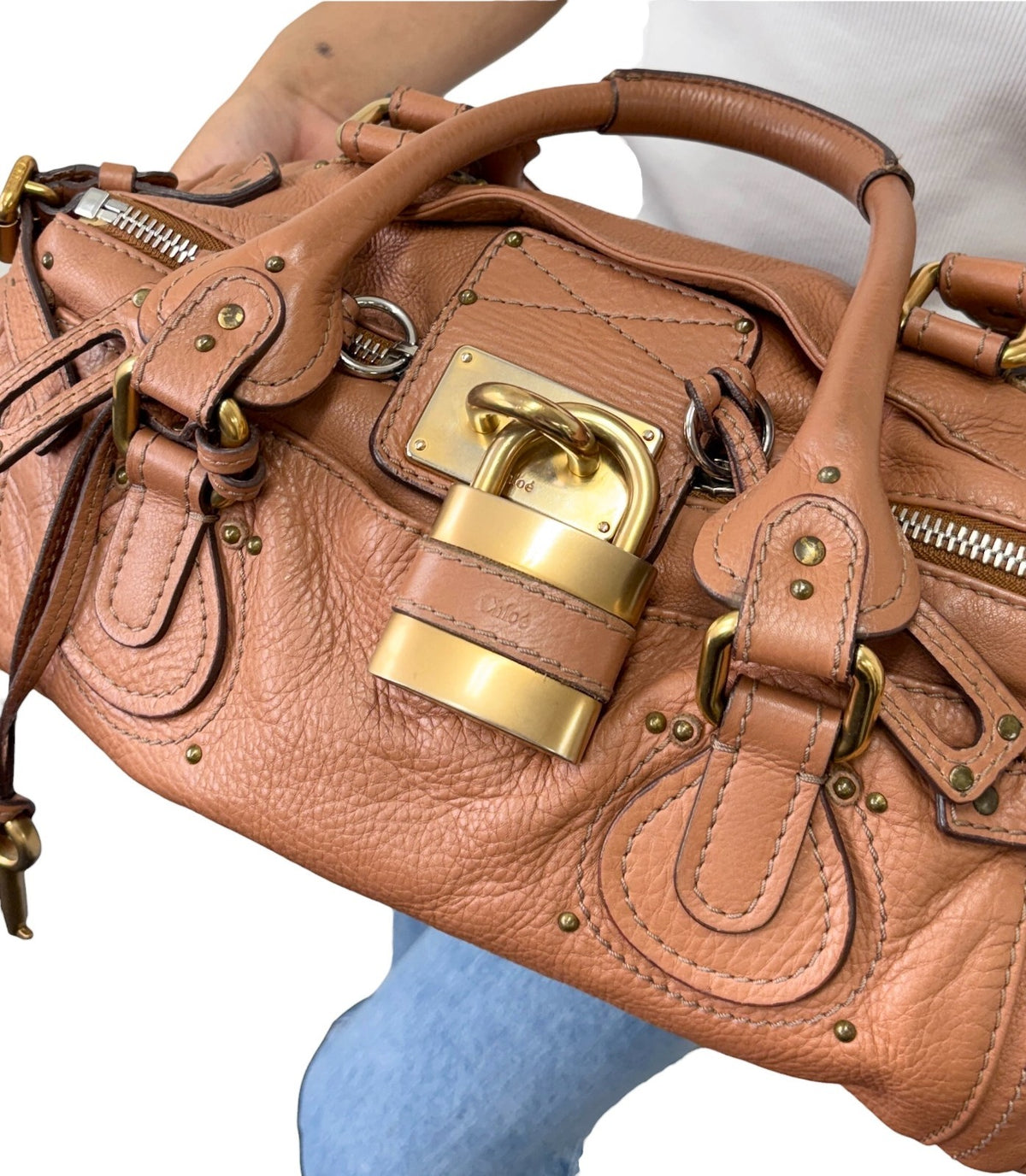 Chloe Vintage Paddington Padlock Key Boston Bag Leather Brown Gold 902318