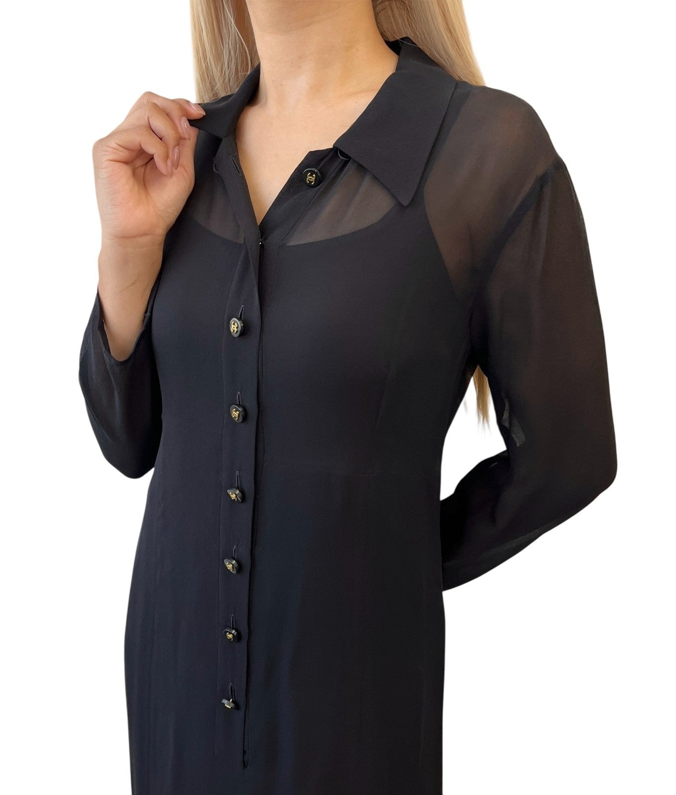 CHANEL Vintage 94A CC Logo See-through One-piece #38 Black Gold Wool Button