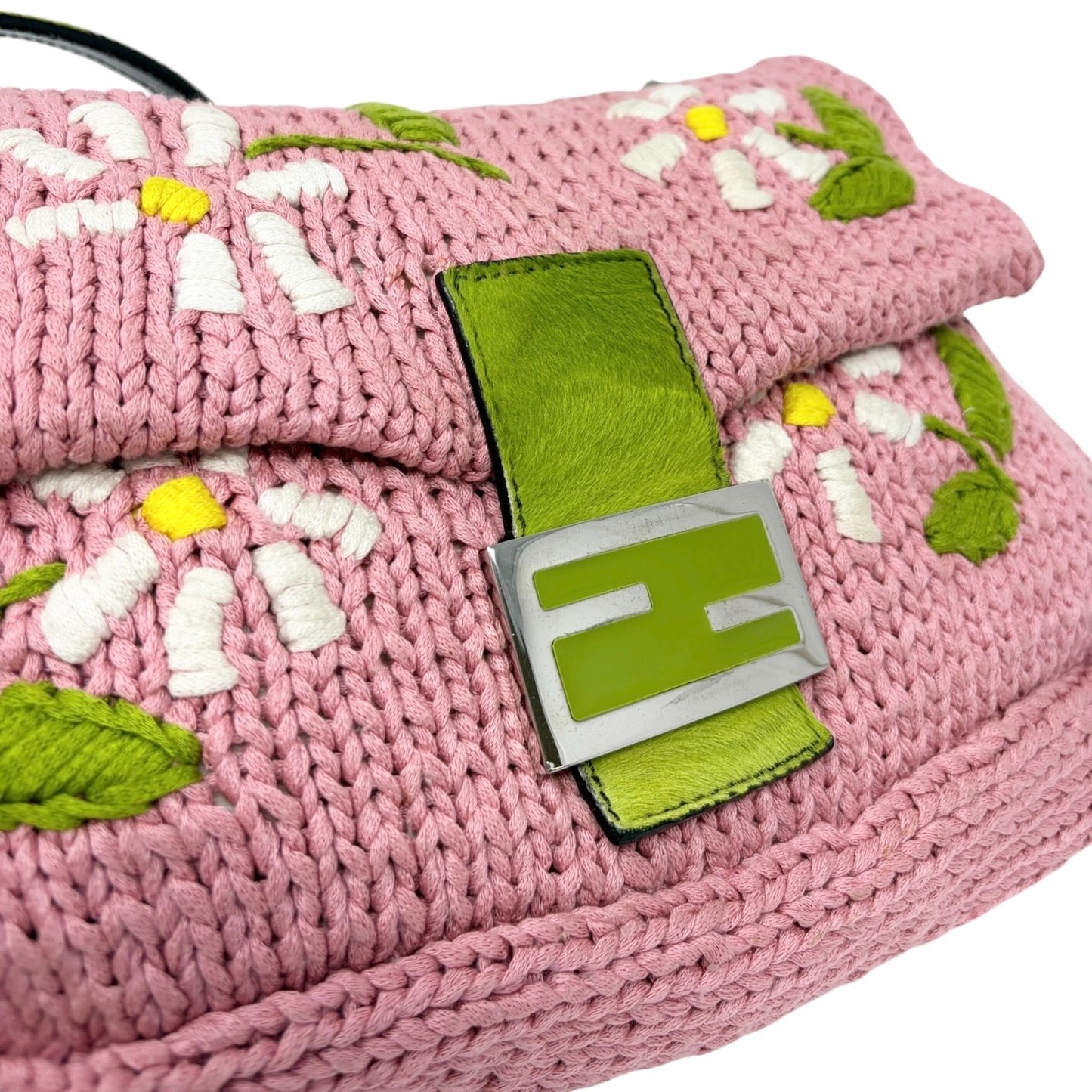 FENDI Vintage Mamma Baguette Crochet Shoulder Bag Flower Pink Wool 901957