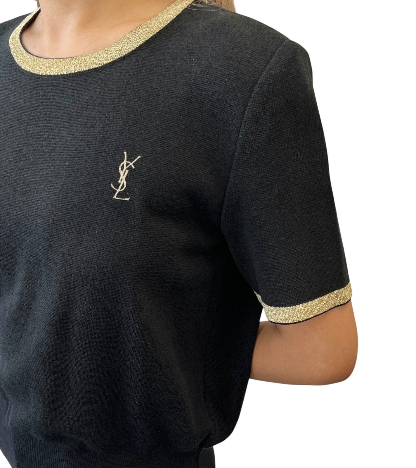 Yves Saint Laurent Vintage YSL Logo Knit T-shirt Top #M Black Gold Cotton