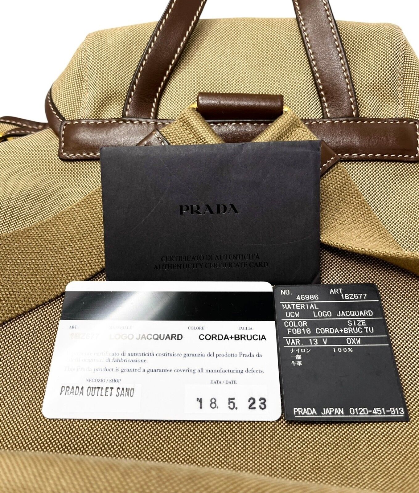PRADA Vintage Logo Jacquard Backpack Brown Gold Canvas Leather Magnetic Zip