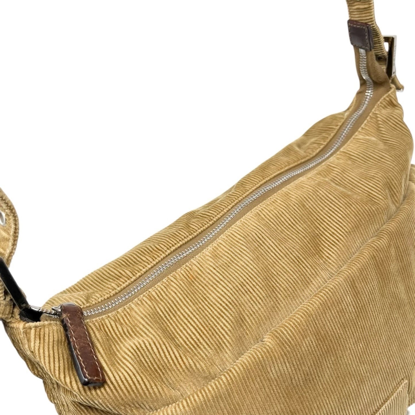 FENDI Vintage FF Logo Mamma Baguette Corduroy Shoulder Bag Beige Silver