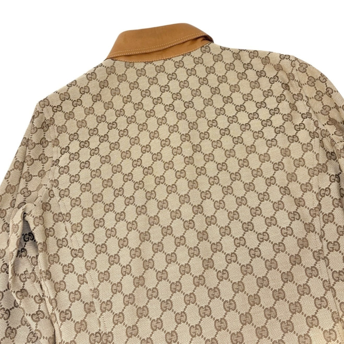 GUCCI Vintage GG Monogram Logo Shirt Jacket Top #38 Beige Brown Canvas Leather