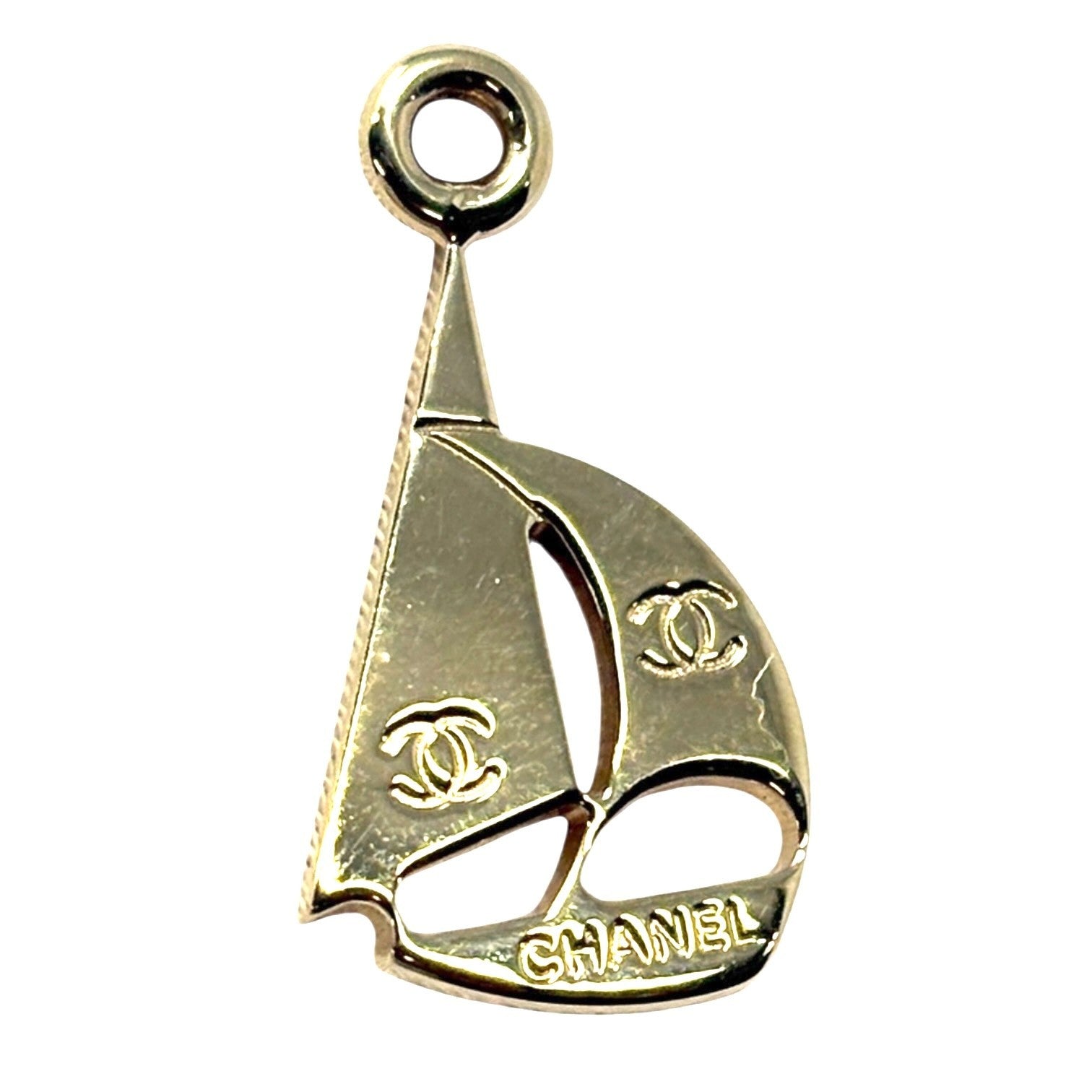 CHANEL Vintage CC Mark Logo With Yacht Charm Hoop Earrings Gold Metal Plate