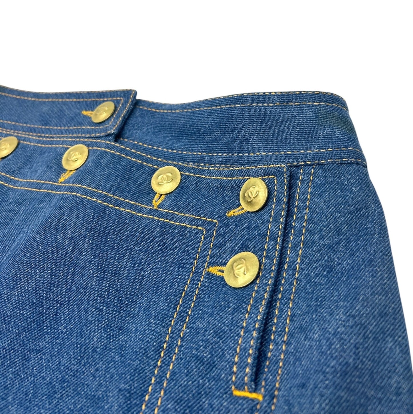 CHANEL Vintage P03207 CC Mark Logo Denim Skirt #36 Blue Gold Cotton Button
