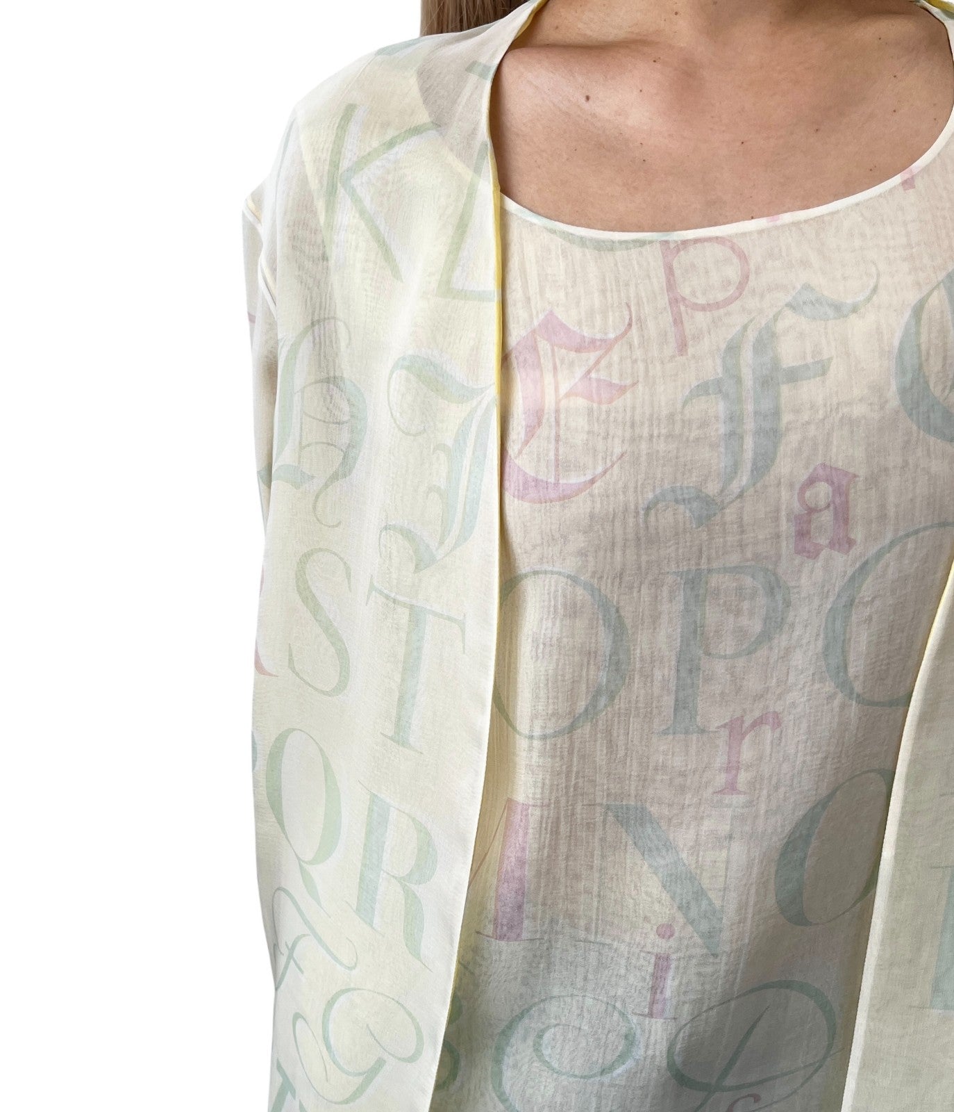 HERMES Vintage Logo Ensemble Set Shirt Sleeveless See-though #38 Yellow Silk